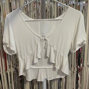 White Cropped Ruffle Hem Top